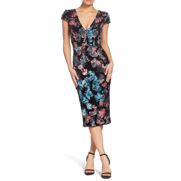 Dress the Population Dresses & Skirts - DRESS the POPULATION Women's S Allison Black Velvet Dress Sequins Midi NWT